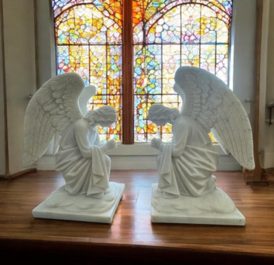 + Pair of Solid Marble Angel Statues, 28'' tall + Both Together + Chalice co.