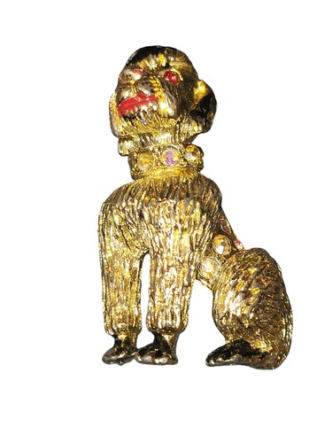 Vintage Poodle Dog Pin Brooch With Jeweled Eyes And Collar MCM - Picture 3 of 6