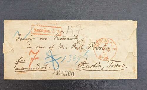 Germany 1872 registered stampless cover sent to Austin, Texas, US,please read - 第 1/2 張圖片