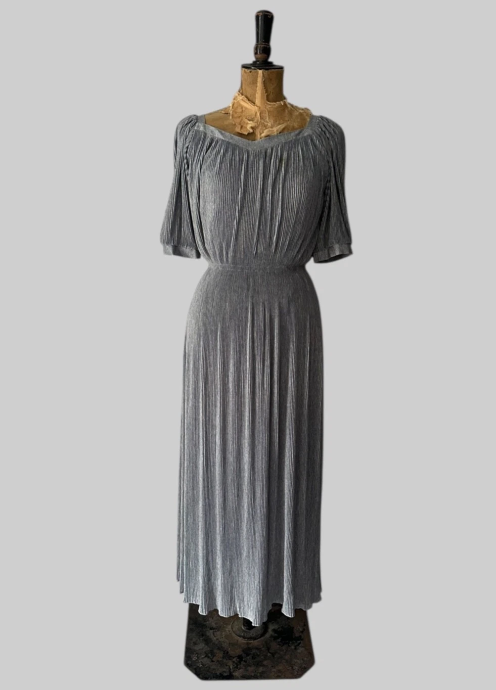 Linek Couture Vintage 70's Grey Pleated Short Sleeve Slinky Maxi Dress S Retro