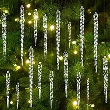 Christmas Tree Clear Glass Icicle Ornaments Decoration Xmas Home Decor Set Of 24