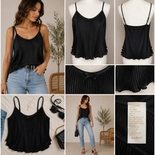 Black Pleated Chiffon Camisole Tank Top Adjustable Straps Women's S/M