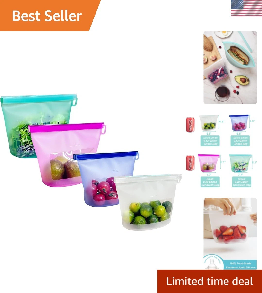 Reusable Silicone Food Storage Bags Set of 4, Dishwasher Oven Microwave Freez...