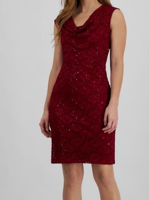 Connected Apparel Women's Red Lace Sequins Draped Neck Sheath Dress Sz 10