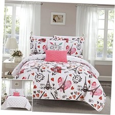 Grand Palais 5 Piece Reversible Quilt Set Paris is Love Inspired Queen Pink