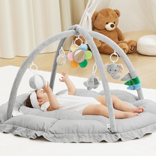 5 in 1 Baby Play Gym Mat, Reversible Tummy Time Mat with 5 Sensory Toys