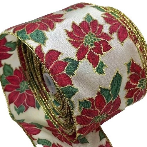 Beautiful Wired 4" Christmas Ribbon Poinsettia Gold Glitter 40ft Roll VTG 13.6yd - Picture 1 of 7