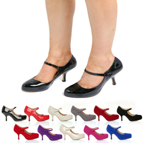 WOMENS LADIES STRAP MID HEEL CASUAL SMART WORK PUMP COURT SHOES SIZE 3-8 - 第 1/82 張圖片