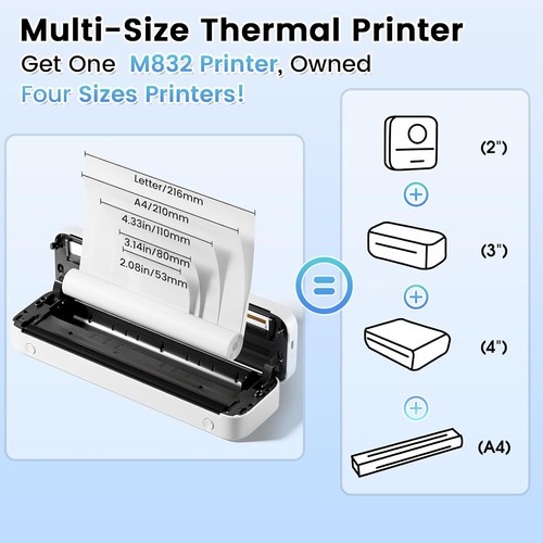 Phomemo M832 Upgrade Multiple sizes A4 Inkless Thermal Printer USB/Bluetooth NEW - Picture 2 of 9