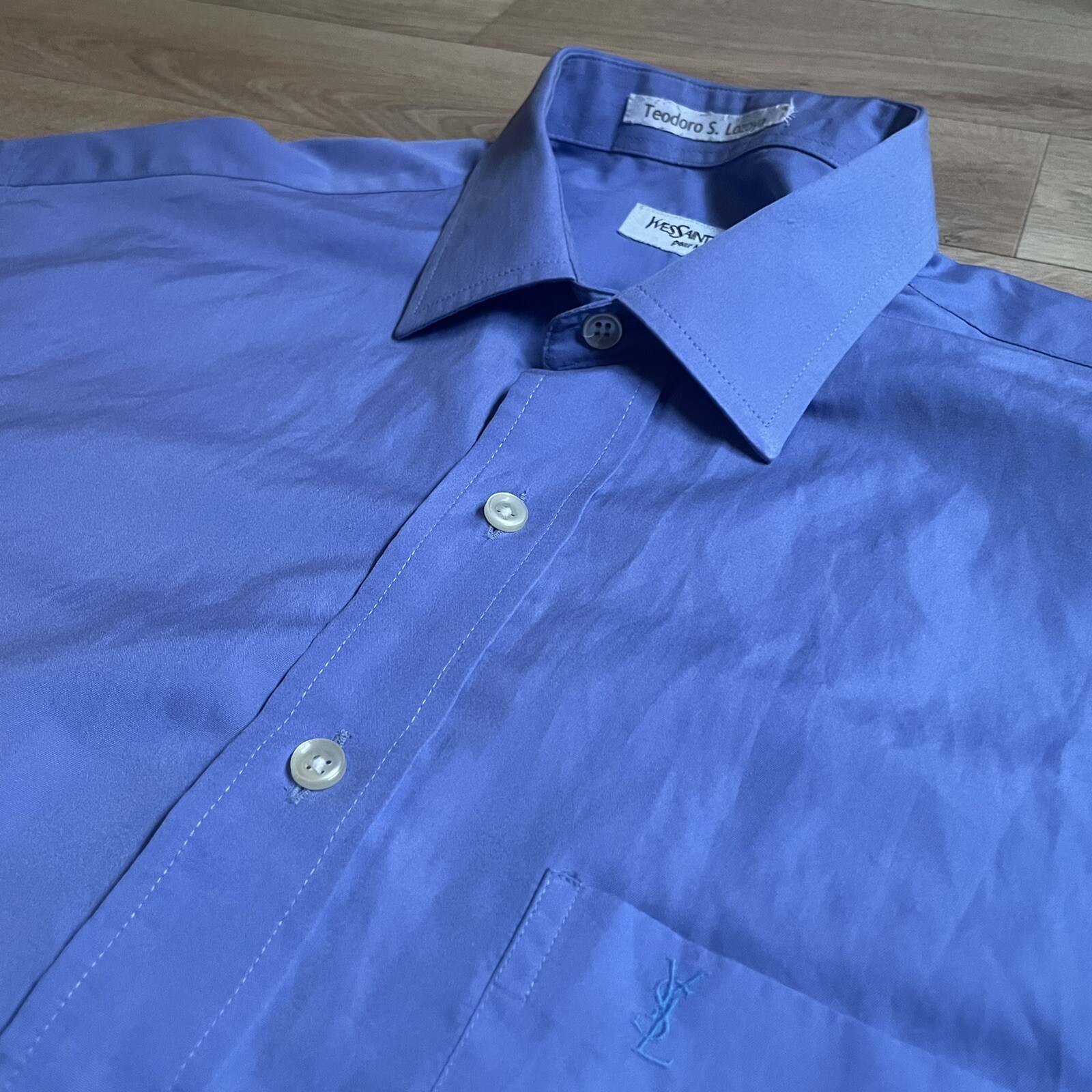 Camicia uomo Yves Saint Laurent YSL logo cotone manica corta BLU taglia L