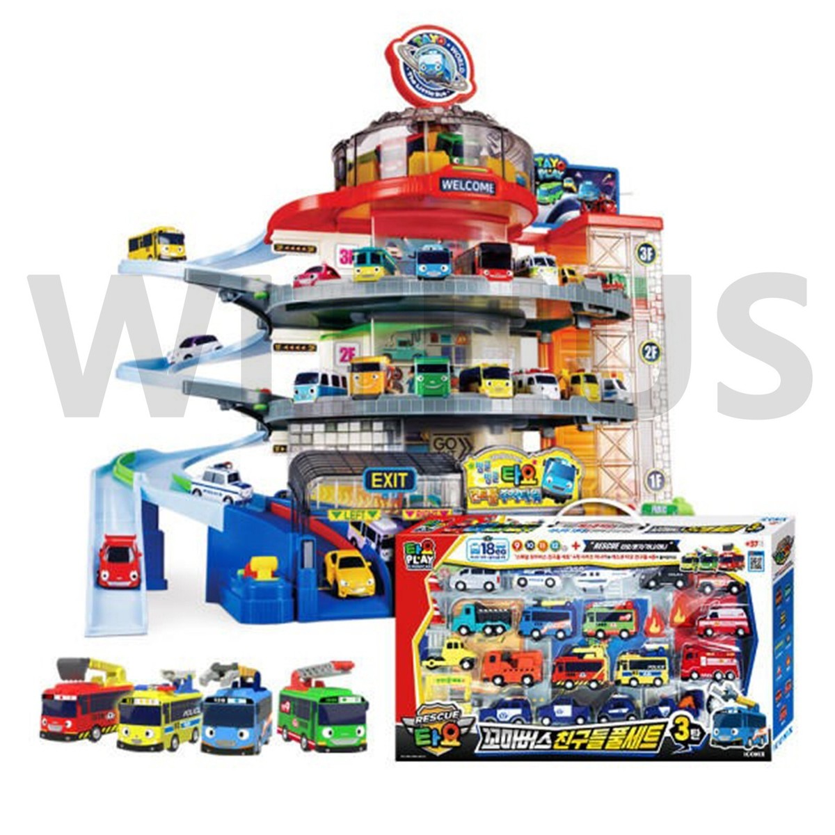 Tayo ミニカー4台 + Tayo エレベーター付き　駐車場　スロープ　セット The Little Bus Tayo Elevator Main Garage Play Set & 4 Buses