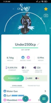 Shiny Tapu Fini LV31 -Under 2500CP 3Moveset PVP -TRADE 1 mill Dust -Unregistered