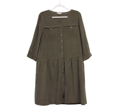 Lands End Dress Size Medium 100% Silk Olive Green 3/4 Sleeve Tie Waist Boho  | eBay