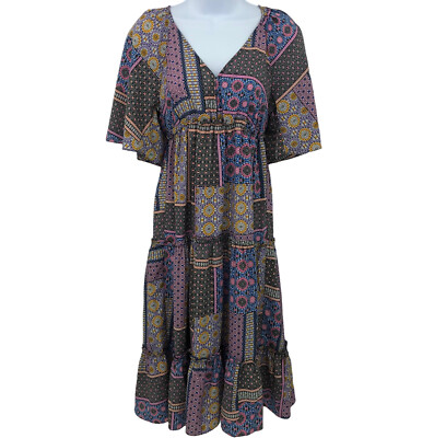 Trina Turk Womens Midi Dress Size XS Patchwork Mixed Bandana Print Boho V Neck