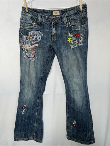 Rare Antik Denim Flared Tiger Dragon Embroidered Denim Vintage Jeans Size 31 - Picture 2 of 14