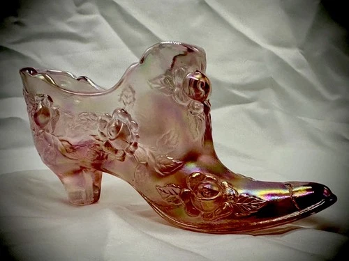 Vintage Fenton Art Glass Iridescent Pink ~ Peach Cabbage Rose Slipper Shoe