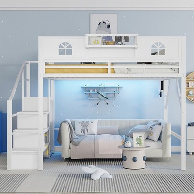 Queen Size Loft Bed with Stairs,Metal Queen Loft Bed with Wardrobe and LED Light