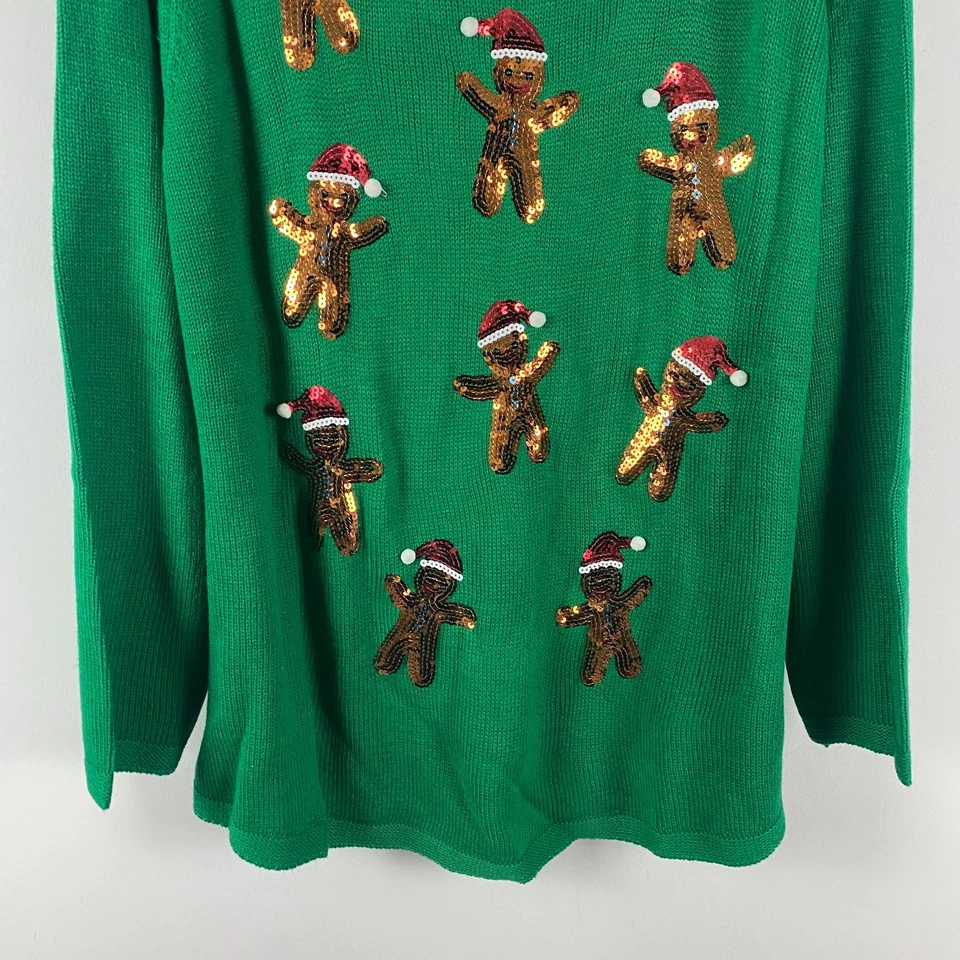 Holiday Lane Christmas Sweater Womens 3X Green Sequin Gingerbread Man Crew - Image 3 of 4