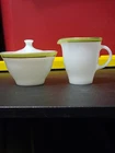 Vintage Pyrex Gʻreen & Gol Trim Creamer And Sugar Bowl W/ Lid Beautiful Set