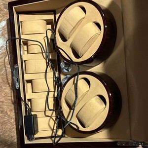 Brown Wood Watch Winder for 4-7 Watches, Dual Compartments, LED, Power Adapter