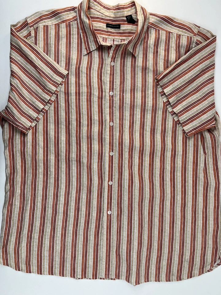 Structure Mens Shirt 2XL XXL Button Up 100% Linen Striped Short Sleeve - Image 3 of 4