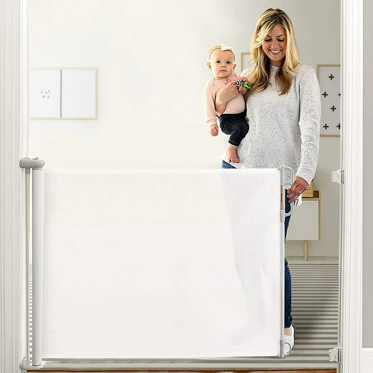 Momcozy retractable baby/dog gate, 33" tall, extends to 55" wide - white