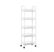 Five Tier Metal Wheeled Narrow Storage Shelf Organizer Cart In Mattle Black