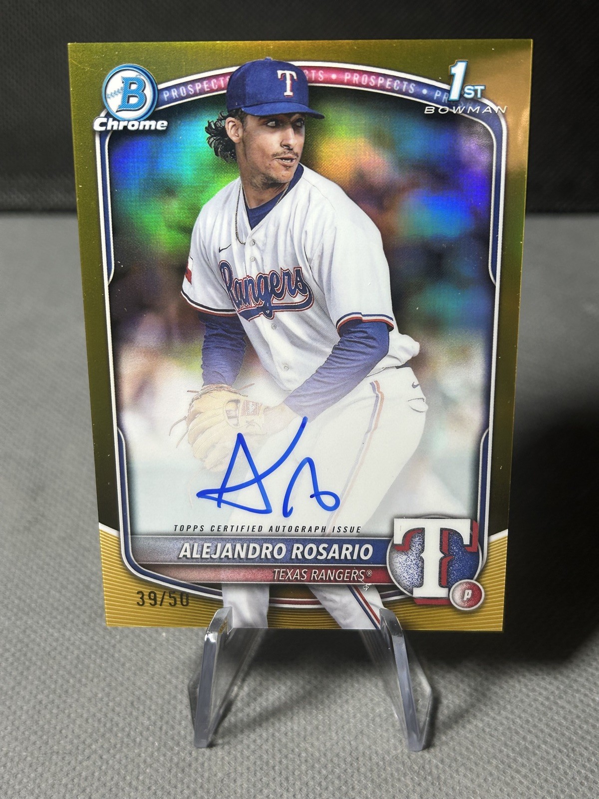 2025 Bowman Chrome Alejandro Rosario 1st Gold Refractor Auto /50 Rangers v1036