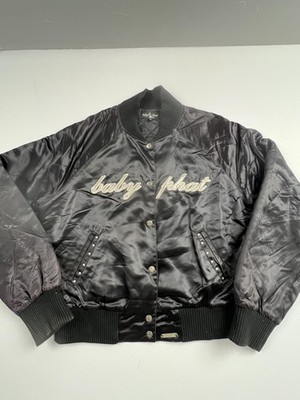 Baby Phat Jacket Womens XL Black Satin Bomber Studded Logo Cat Hip Hop