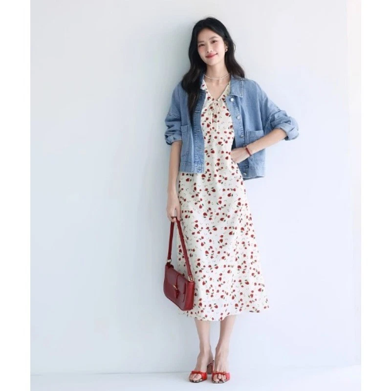 OFF WHITE Abito donna scollo V floreale manica corta estivo nuovo spiaggia slim fit gonna vacanza
