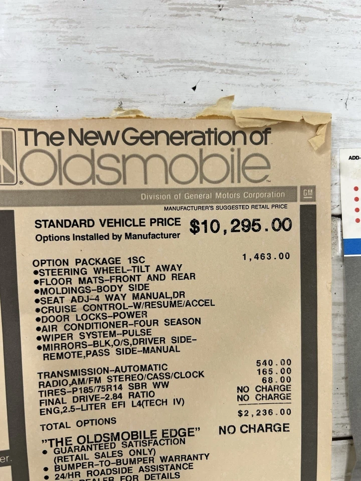 老式 1992 年 Oldsmobile Cutlas 经销商窗户贴纸 10K 美元 MSRP 特色星历 — 第 4/4 张图片