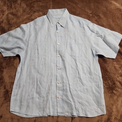 Tommy Bahama Button Up Men Large Linen Short Sleeve Shirt Plaid Tropical Camp