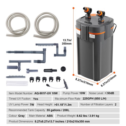 55 Gallon Aquarium Canister Filter 9w UV 225GPH Fish Tank with builtin Pump - Picture 2 of 12