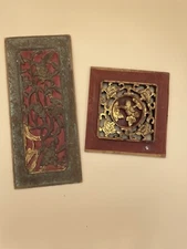 Antique Chinese Wood Hand carved Panels Gilded Lot Of 2