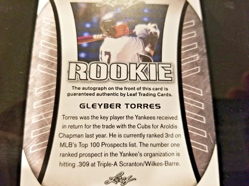Leaf ExclEd Gleyber Torres 2017 autógrafo de novato Yankees auto comp Bowman cromo Foto 2 de 3