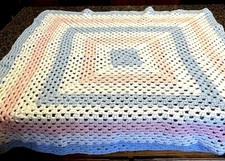 Hand Crafted Crocheted Baby Blanket Pink Blue White 38x38