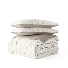 All Season 3-Pcs Latte Watercolor Leaves/Stripe Reversible Microfiber Quilt Set