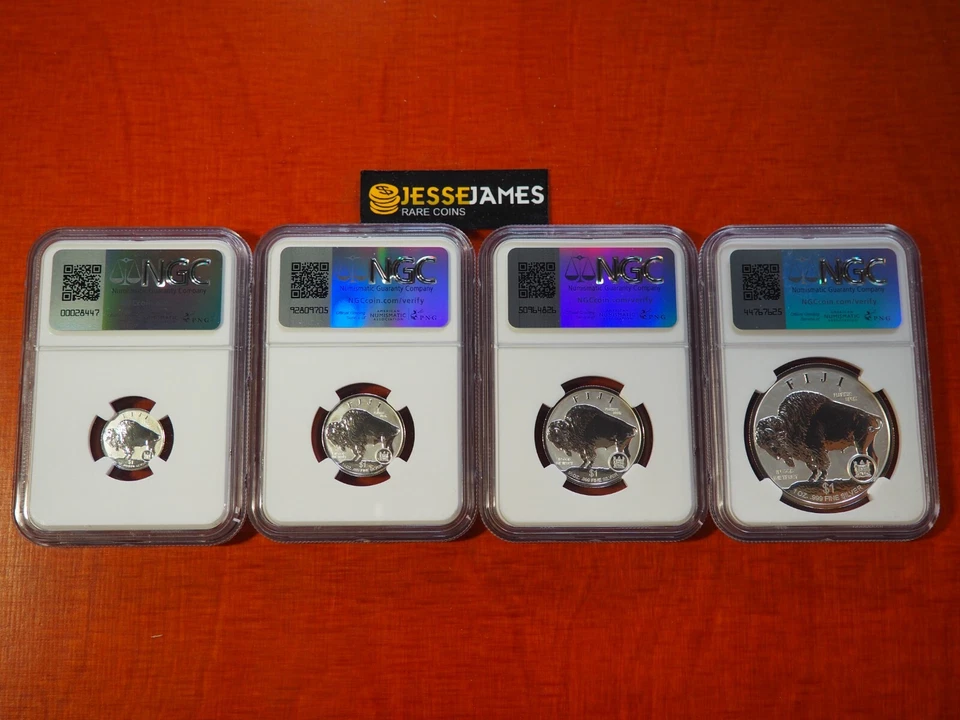 2023 $1 FIJI FRACTIONAL REVERSE PROOF SILVER BUFFALO NGC PF70 FDI 4 COIN SET - Image 2 of 2