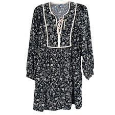 Old Navy Boho Mini Dress Black Floral Long Balloon Sleeves Lace Up Size M