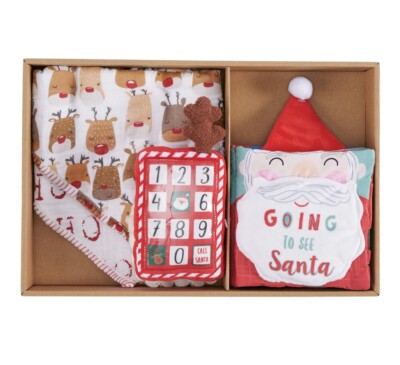 Mud Pie New Baby 4 Piece Christmas Gift Set Bibs, Cloth Book, Plush Phone SANTA