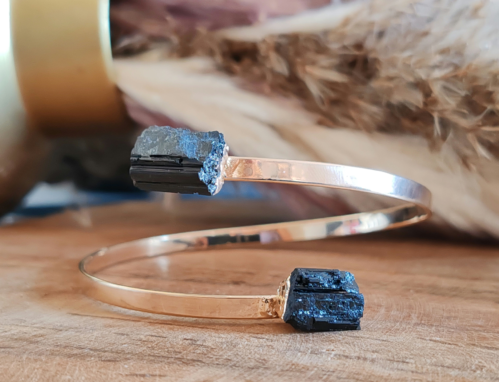 Bracelet jonc en tourmaline noire ajustable, bijou lithothérapie de protection contre les ondes