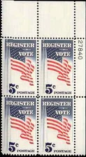 US Scott # 1249, Register and Vote, Plate Block of (4) 1964 5¢ Stamps MNH