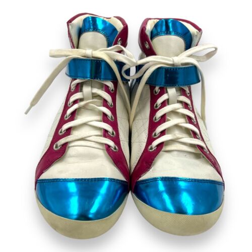 DIOR Y2K White Quilted Cannage Pink Blue Mirror Strap Hightop Sneakers EU39.5 9 - Picture 3 of 16