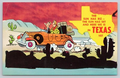 Humor Comic Couple In Car Here We Is In Texas Yet Chrome Postcard Unposted