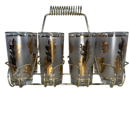 Set Of 8 Libbey Golden Foliage Glass Tumblers W/Gold Trim & Metal Carrier - Picture 5 of 7