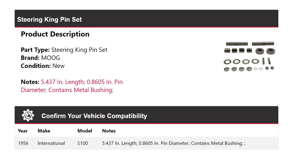 Juego de pasadores de dirección International S100 1956 MOOG Foto 2 de 4