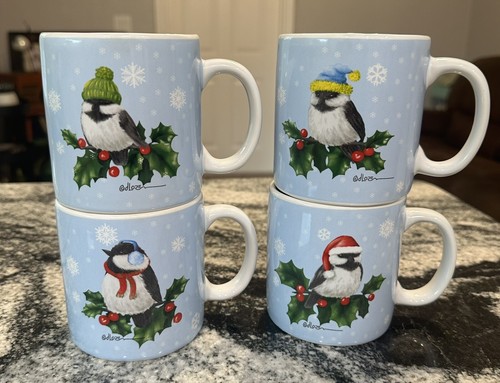 Christmas COFFEE MUG Set Birds Chickadee Wonderland 8 OZ set of 4 Stoneware - Picture 3 of 7