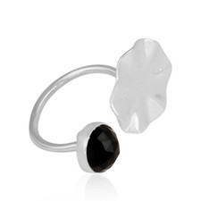 Natural Black Onyx 925 Silver Cocktail Wavy Disc Adjustable Ring For Women