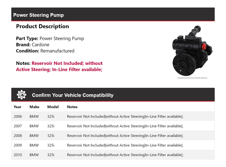 Bomba de dirección asistida Cardone para BMW 325i 2006-2010 2007 2008 2009 Foto 2 de 4