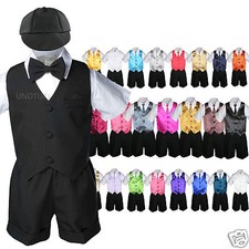 7pc Baby Boy  Toddler Formal Vest Shorts Black Suit Extra Vest Necktie Set S-4T